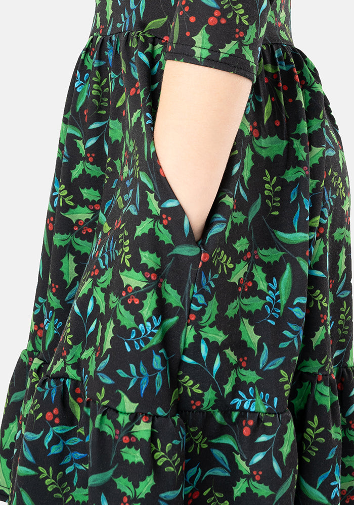 Children's Holly Print Dress (Evergreen)