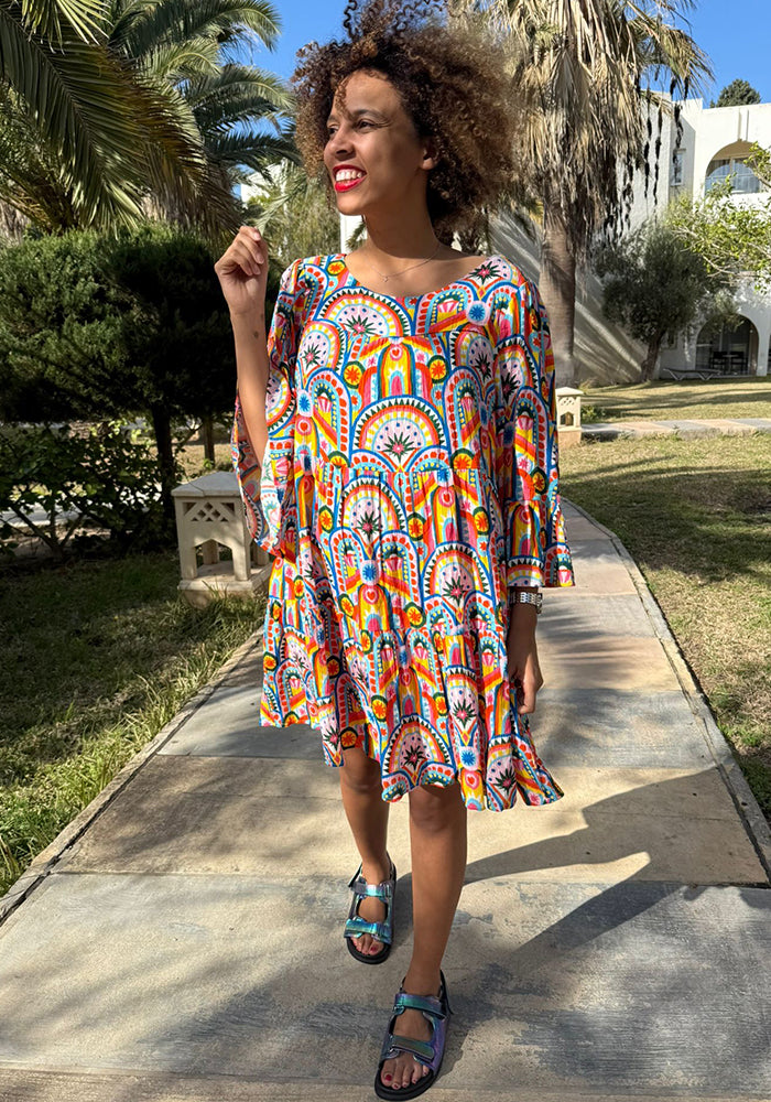 Front view of Every Hand Painted Deco Print Woven Tiered Hem Dress