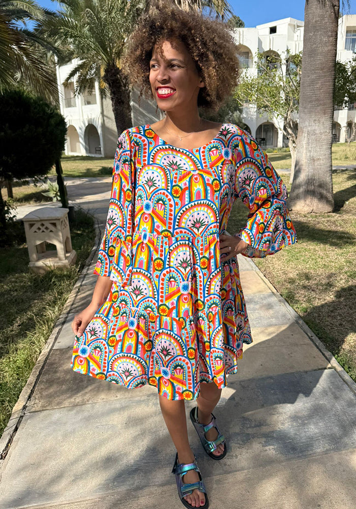 Third angle of Every Hand Painted Deco Print Woven Tiered Hem Dress