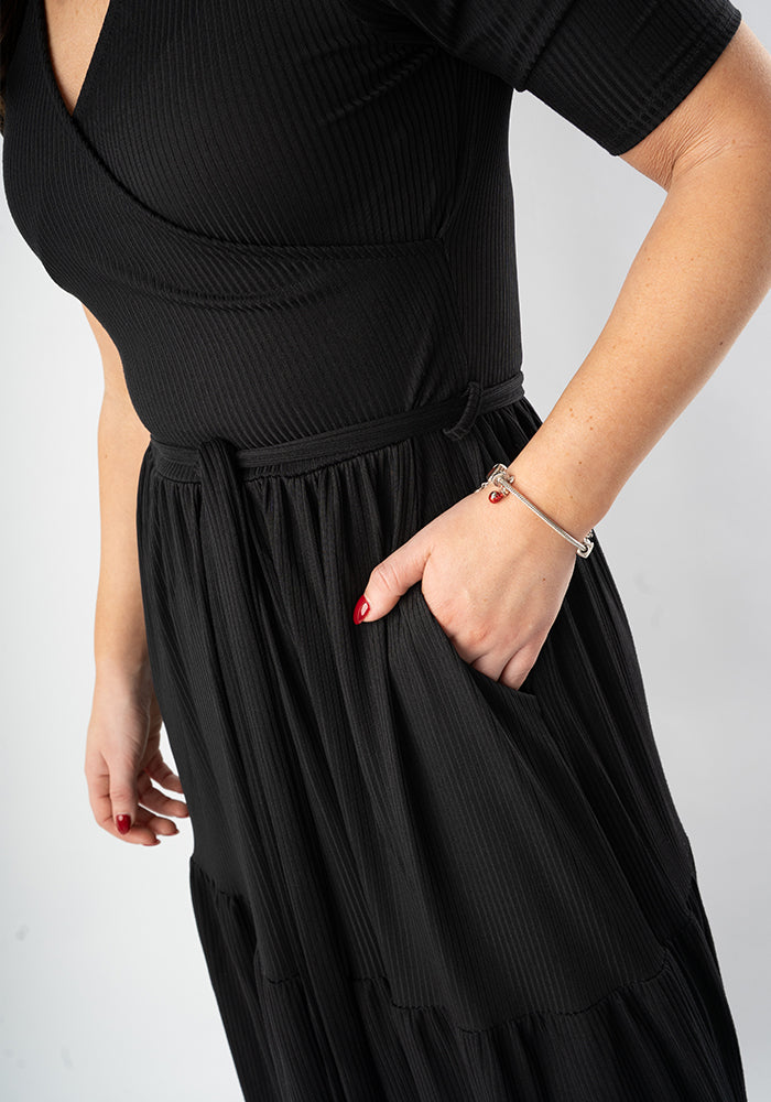 Second angle of Evie Black Rib Brush Tiered Hem Midi Dress