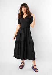 Evie Black Rib Brush Tiered Hem Midi Dress