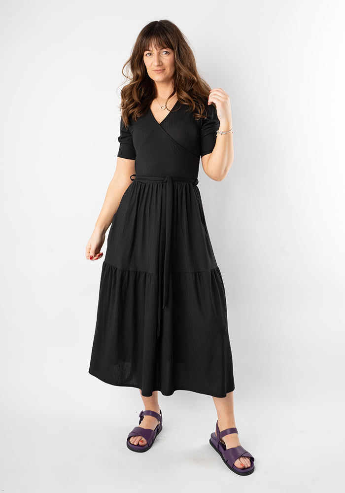 Evie Black Rib Brush Tiered Hem Midi Dress