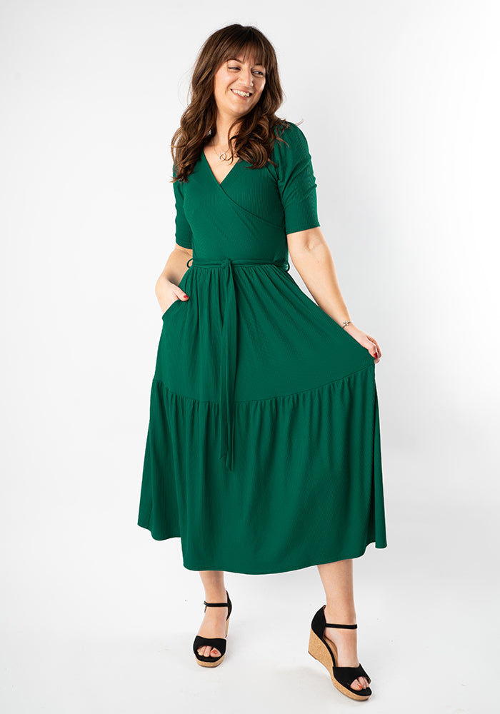 Evie Green Rib Brush Tiered Hem Midi Dress