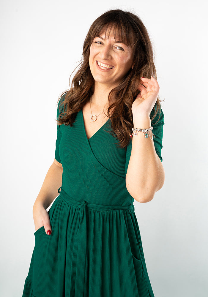 Evie Green Rib Brush Tiered Hem Midi Dress