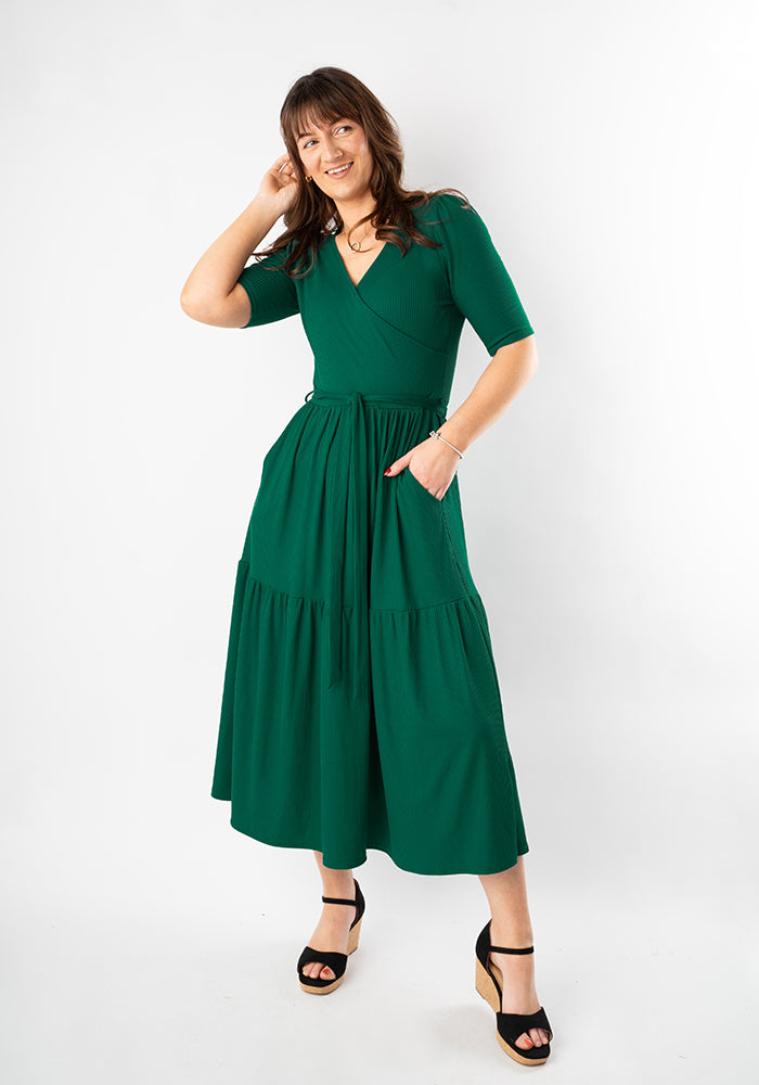 Front view of Evie Green Rib Brush Tiered Hem Midi Dress