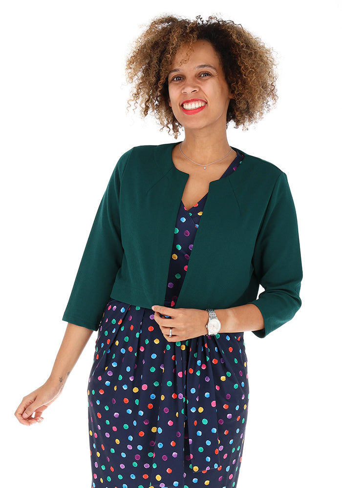 Front view of Evita Forest Green Textured Crepe Bolero Jacket