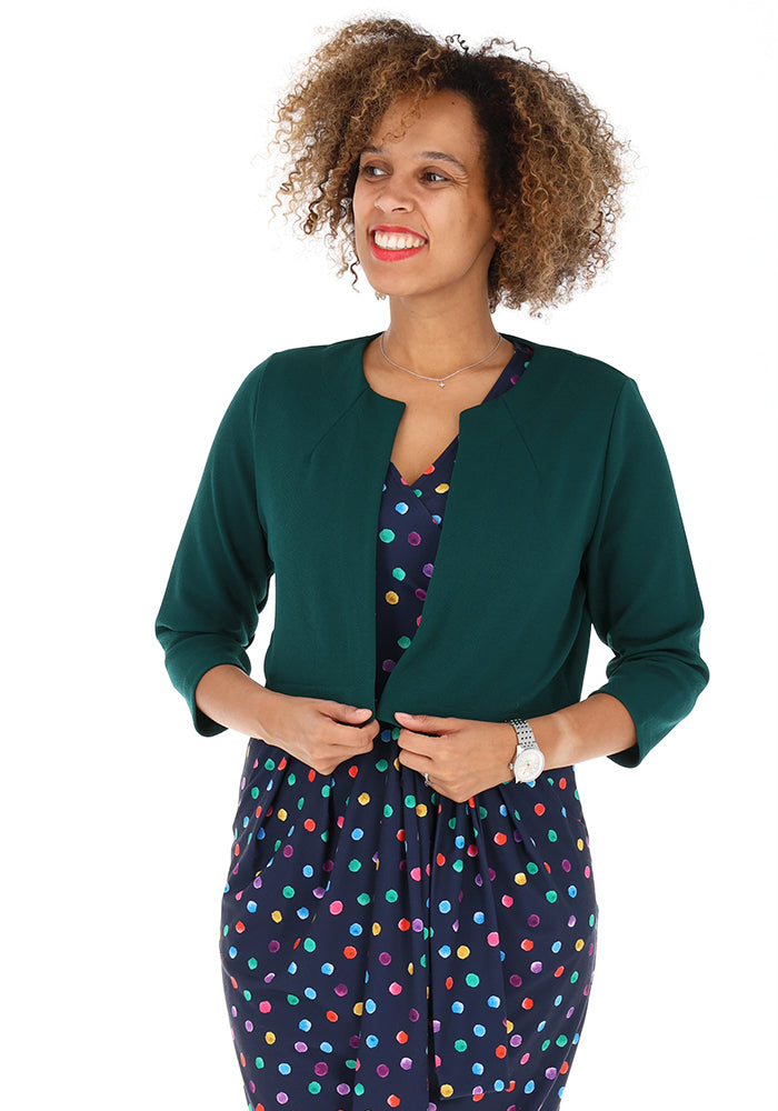 Third angle of Evita Forest Green Textured Crepe Bolero Jacket
