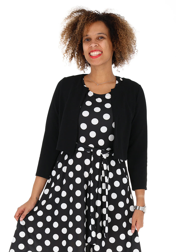Front view of Evita Black Textured Crepe Bolero Jacket