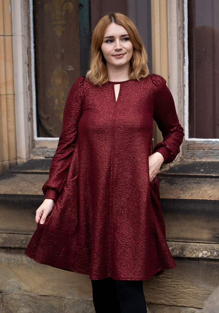 Front view of Evonne Wine Foil Keyhole Neck Trapeze Dress