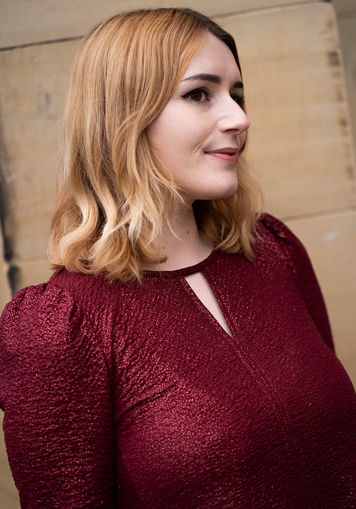 Seventh angle of Evonne Wine Foil Keyhole Neck Trapeze Dress