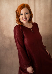 Evonne Wine Foil Keyhole Neck Trapeze Dress