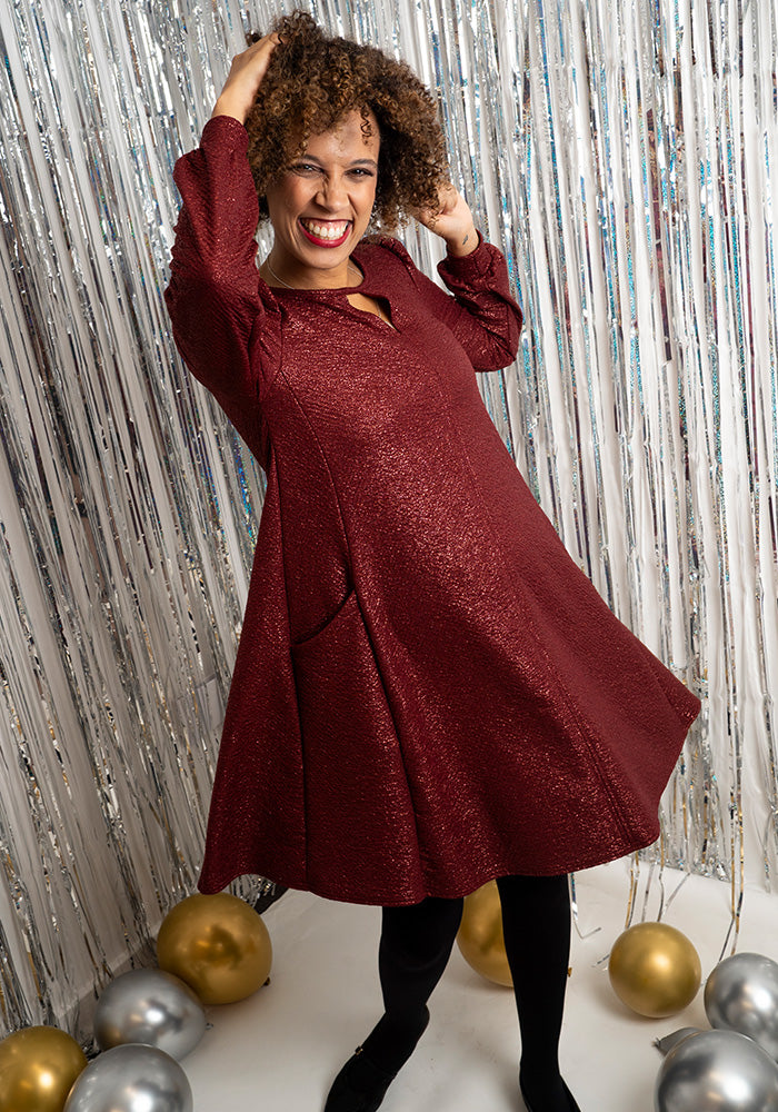 Eighth angle of Evonne Wine Foil Keyhole Neck Trapeze Dress