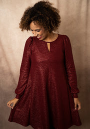 Evonne Wine Foil Keyhole Neck Trapeze Dress