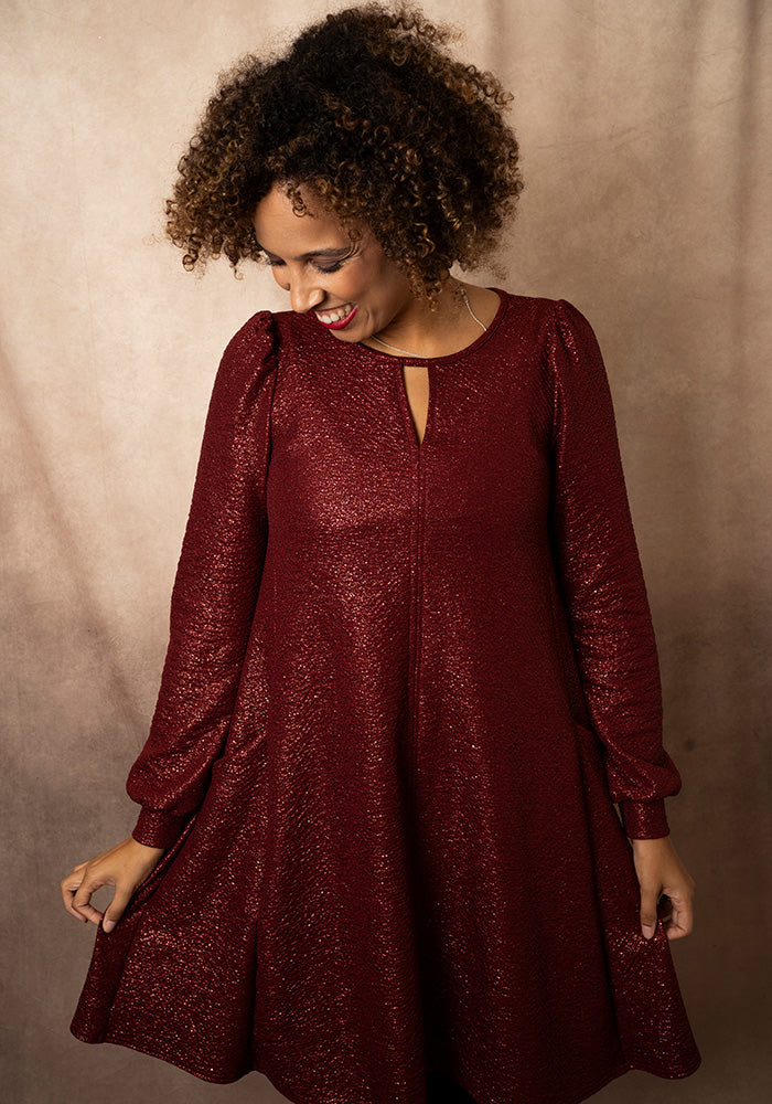 Evonne Wine Foil Keyhole Neck Trapeze Dress