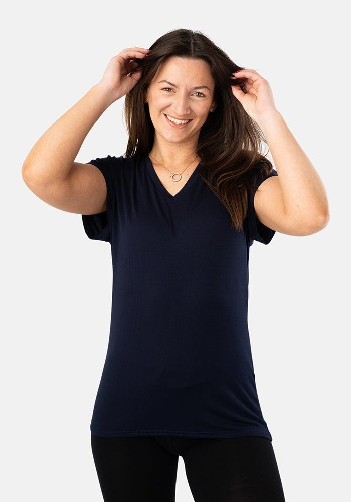 Front view of Navy Extended Shoulder V-Neck Top, this viscose elastane blend is soft, breathable, and beautifully drapey.