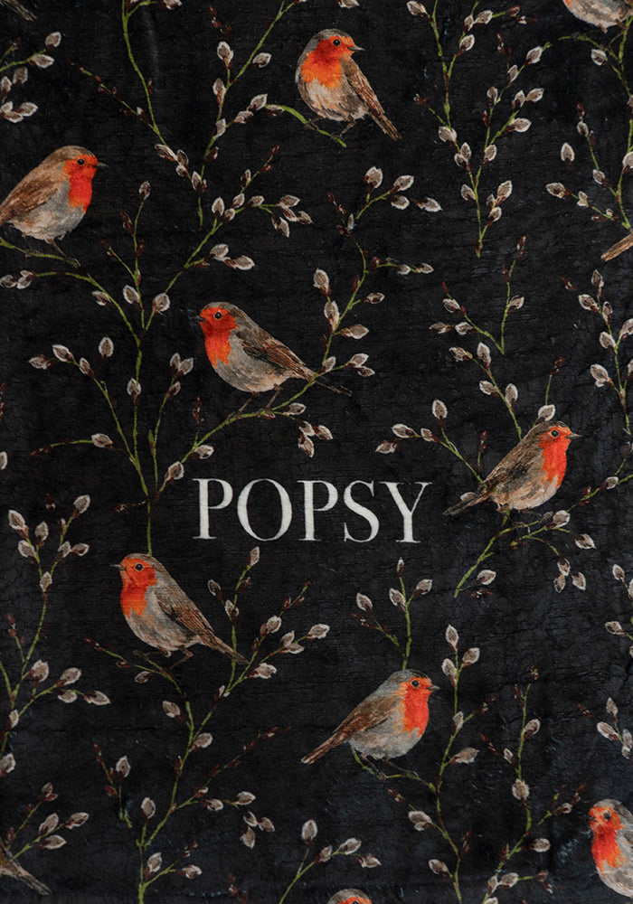 Extra Long Black Robins Print Plush Throw Blanket (Pop-Under)
