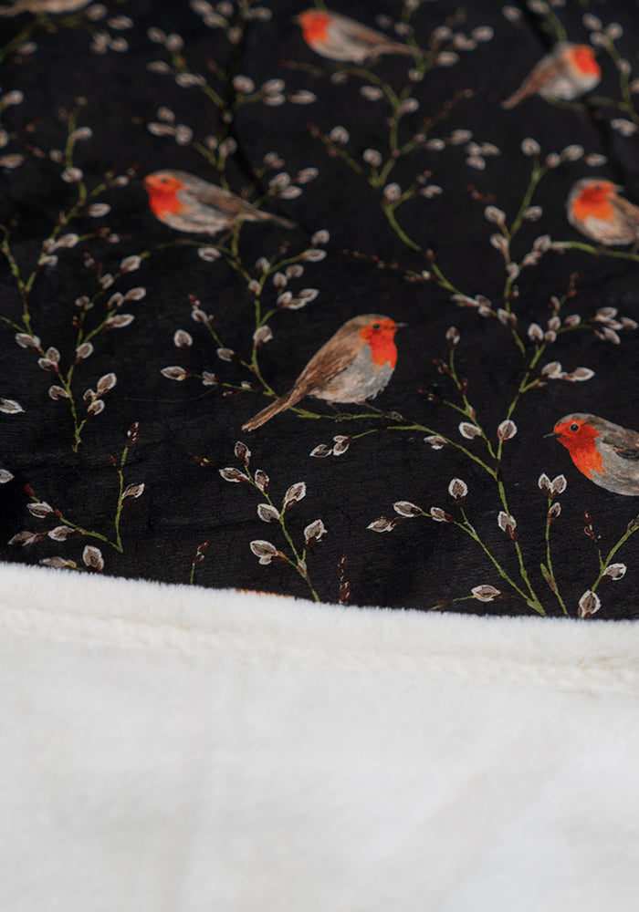 Extra Long Black Robins Print Plush Throw Blanket (Pop-Under)