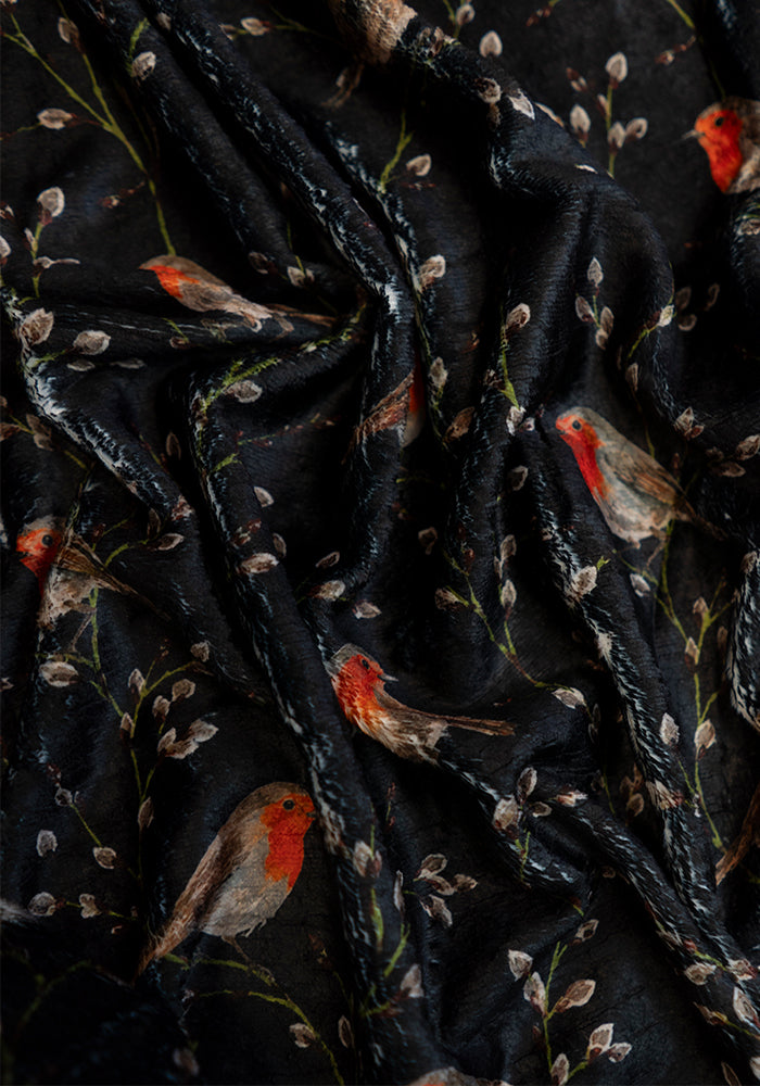 Extra Long Black Robins Print Plush Throw Blanket (Pop-Under)