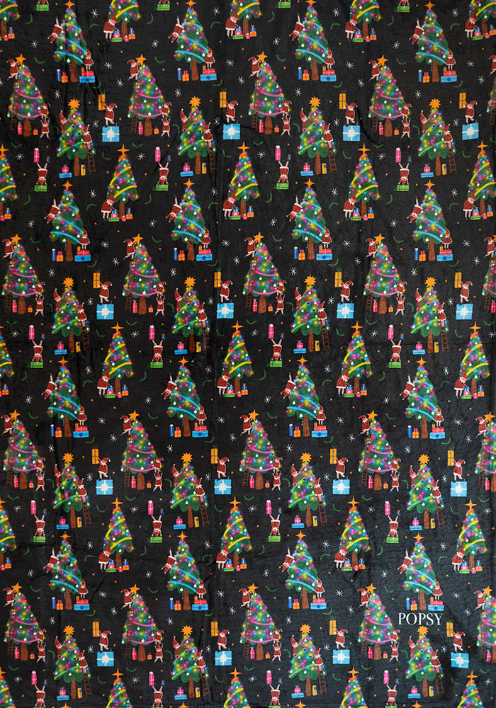 Navy Christmas Tree Elves Print Plush Throw Blanket (Pop-Under)