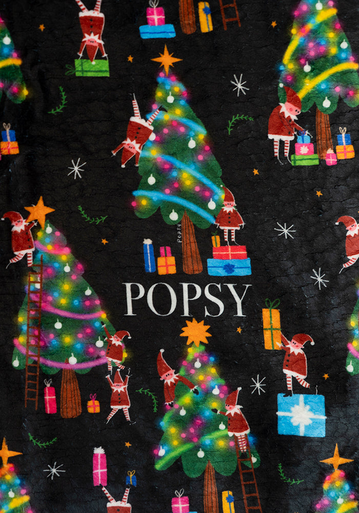 Extra Long Christmas Tree Elves Print Plush Throw Blanket (Pop-Under)
