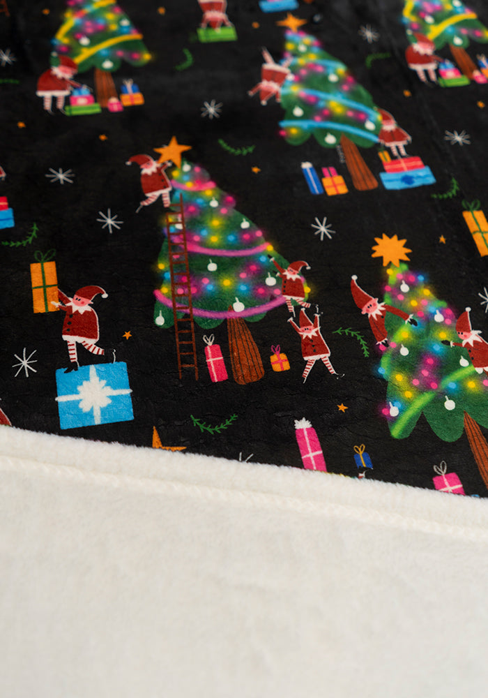 Extra Long Christmas Tree Elves Print Plush Throw Blanket (Pop-Under)