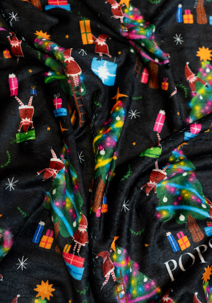 Extra Long Christmas Tree Elves Print Plush Throw Blanket (Pop-Under)