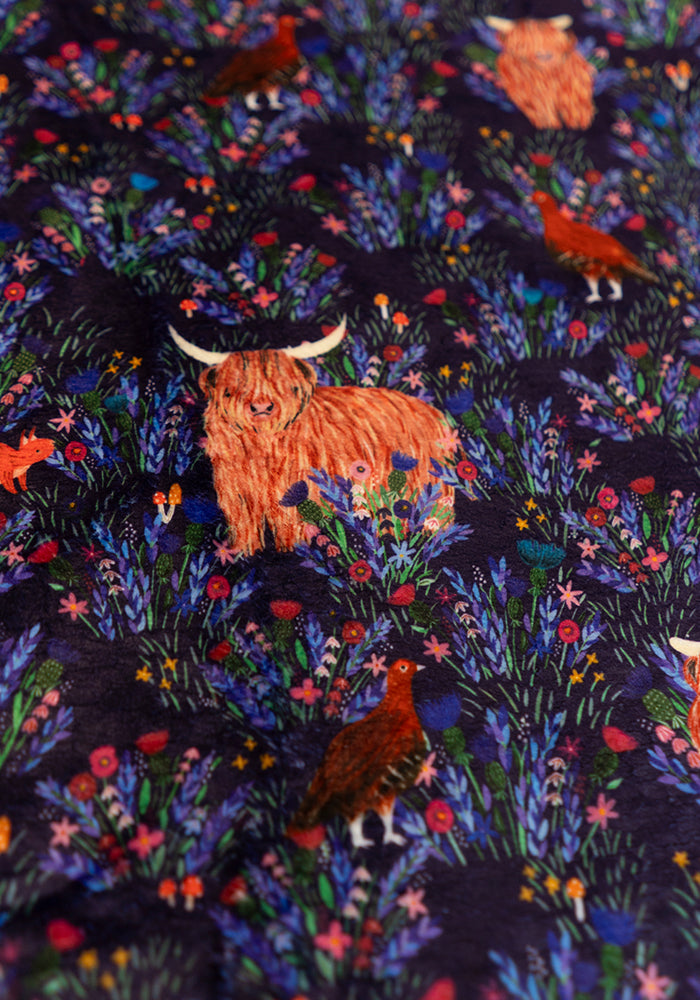 Extra Long Highland Cow &amp; Red Grouse Print Plush Throw Blanket (Pop-Under)