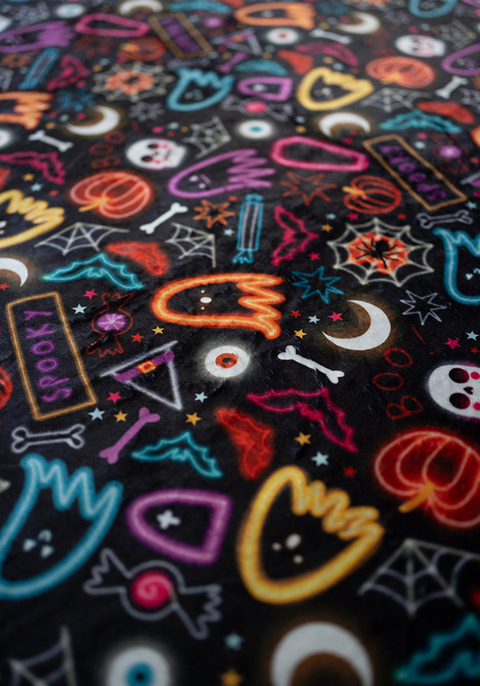 Extra Long Neon Spooky Fun Print Plush Throw Blanket (Pop-Under)