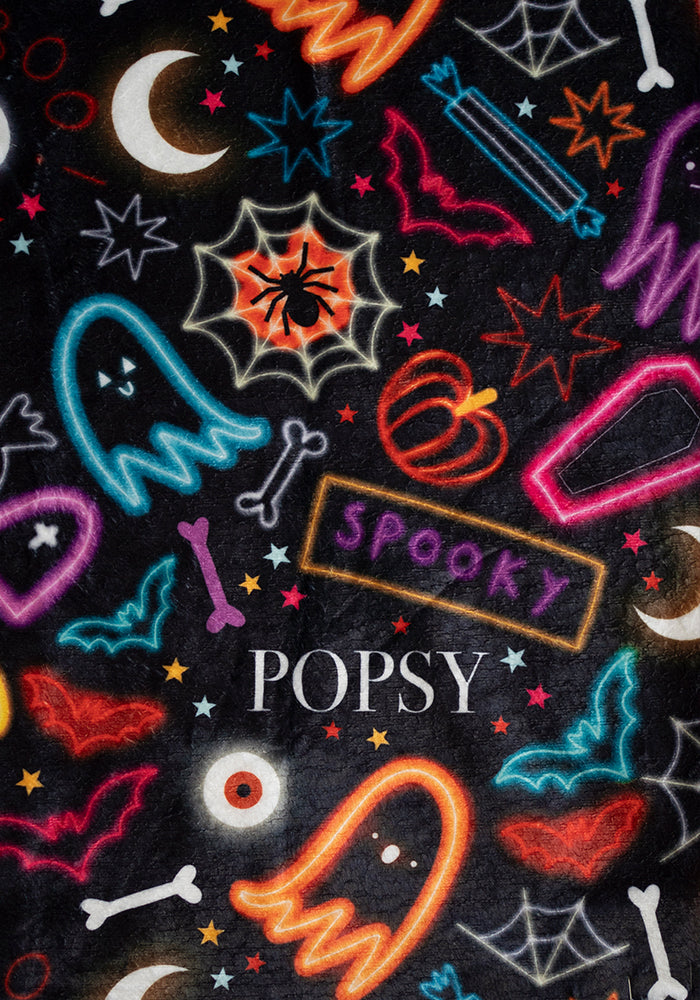Extra Long Neon Spooky Fun Print Plush Throw Blanket (Pop-Under)