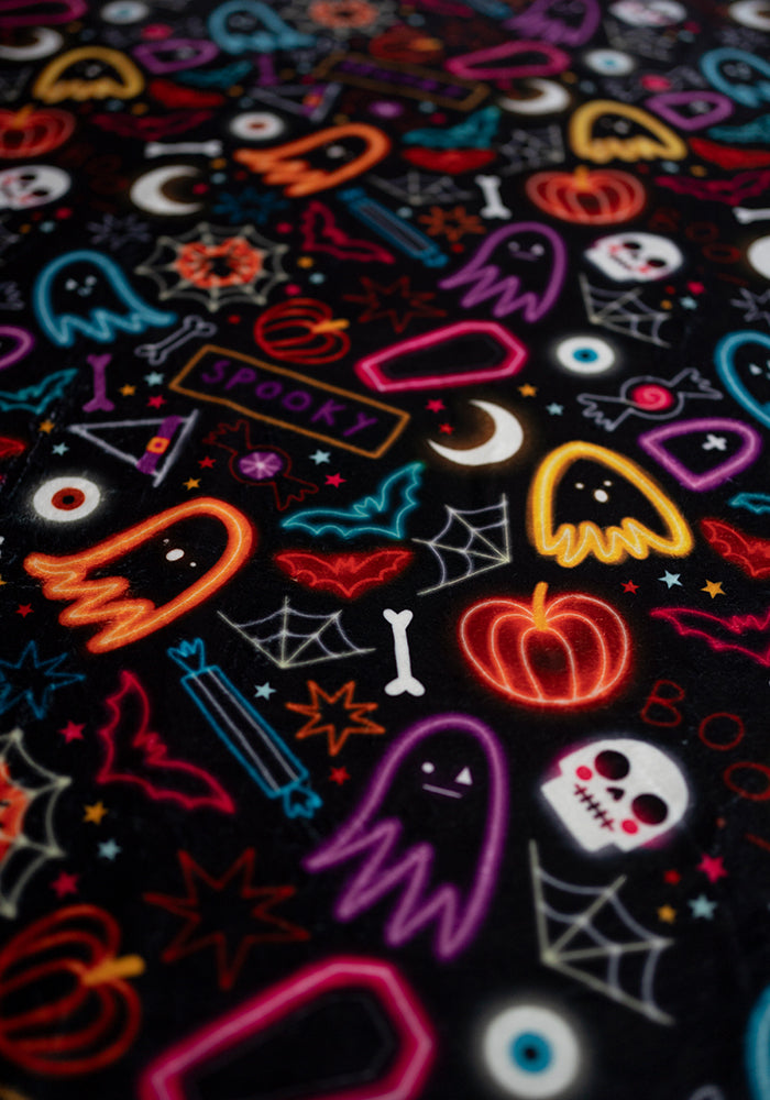 Extra Long Neon Spooky Fun Print Plush Throw Blanket (Pop-Under)