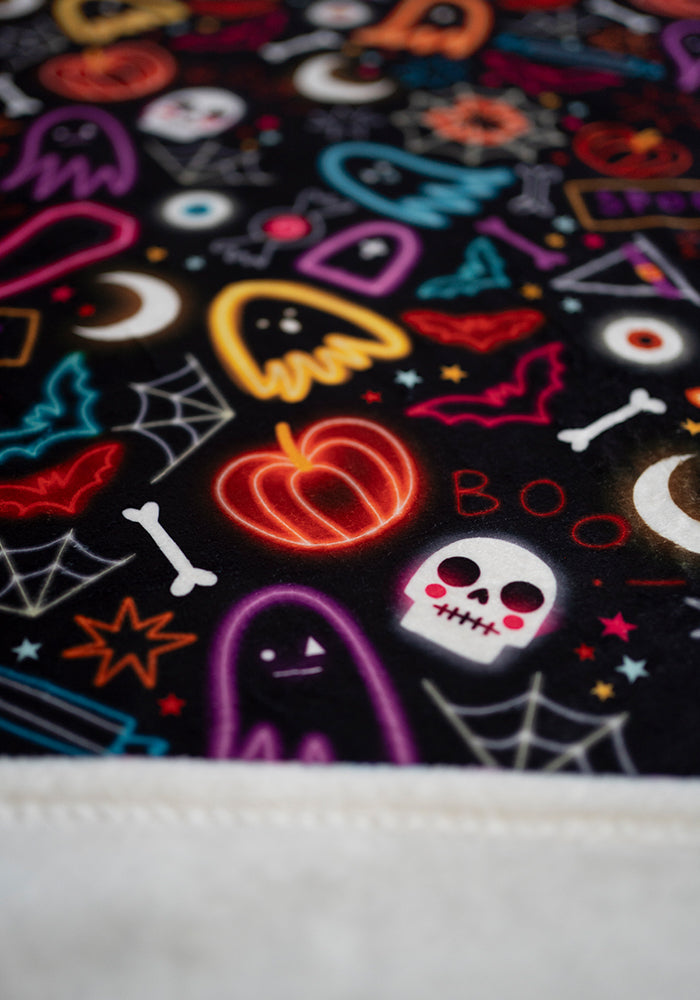 Extra Long Neon Spooky Fun Print Plush Throw Blanket (Pop-Under)