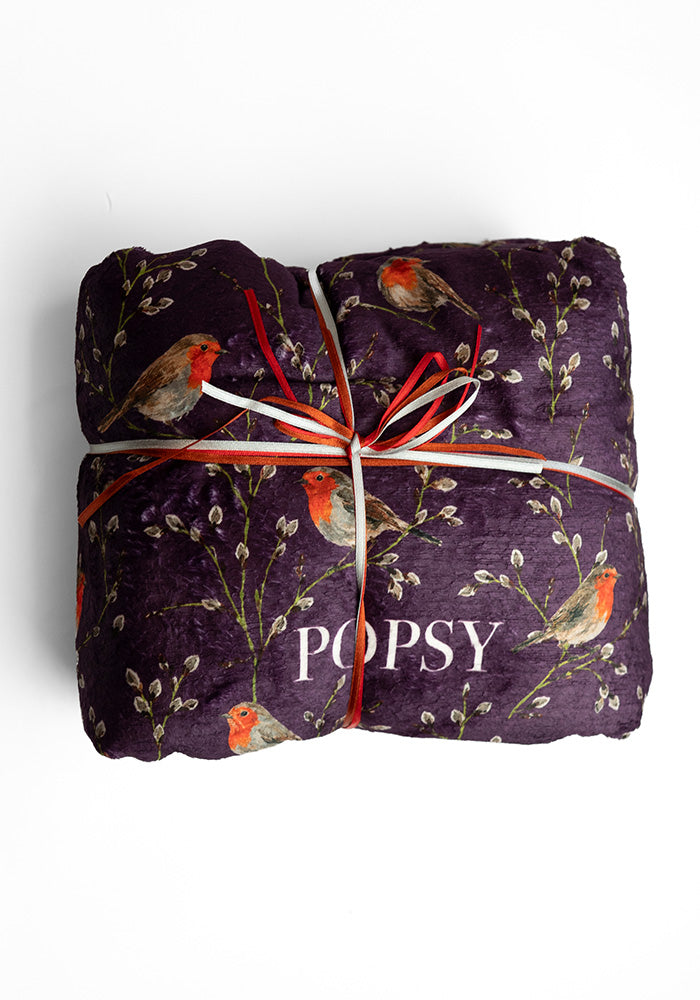 Extra Long Purple Robins Print Plush Throw Blanket (Pop-Under)