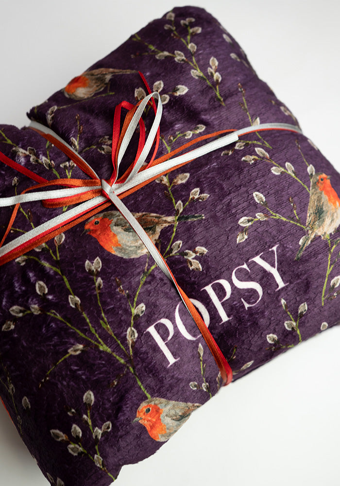 Extra Long Purple Robins Print Plush Throw Blanket (Pop-Under)
