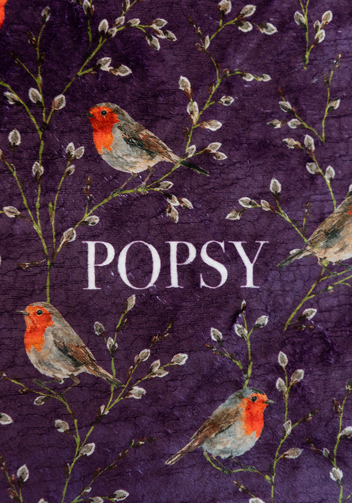 Extra Long Purple Robins Print Plush Throw Blanket (Pop-Under)