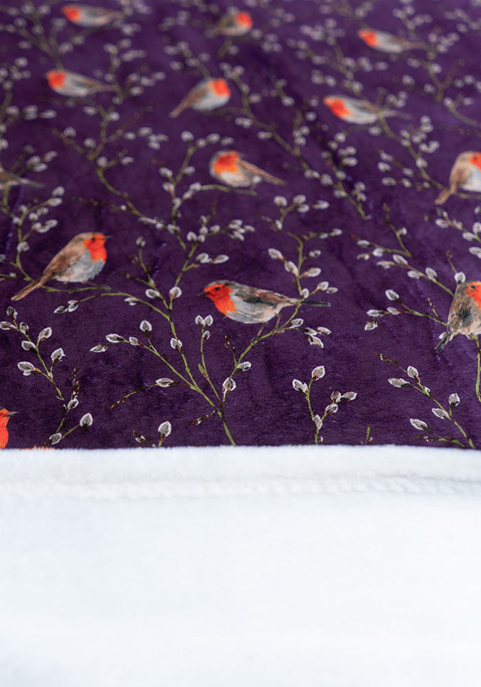 Extra Long Purple Robins Print Plush Throw Blanket (Pop-Under)