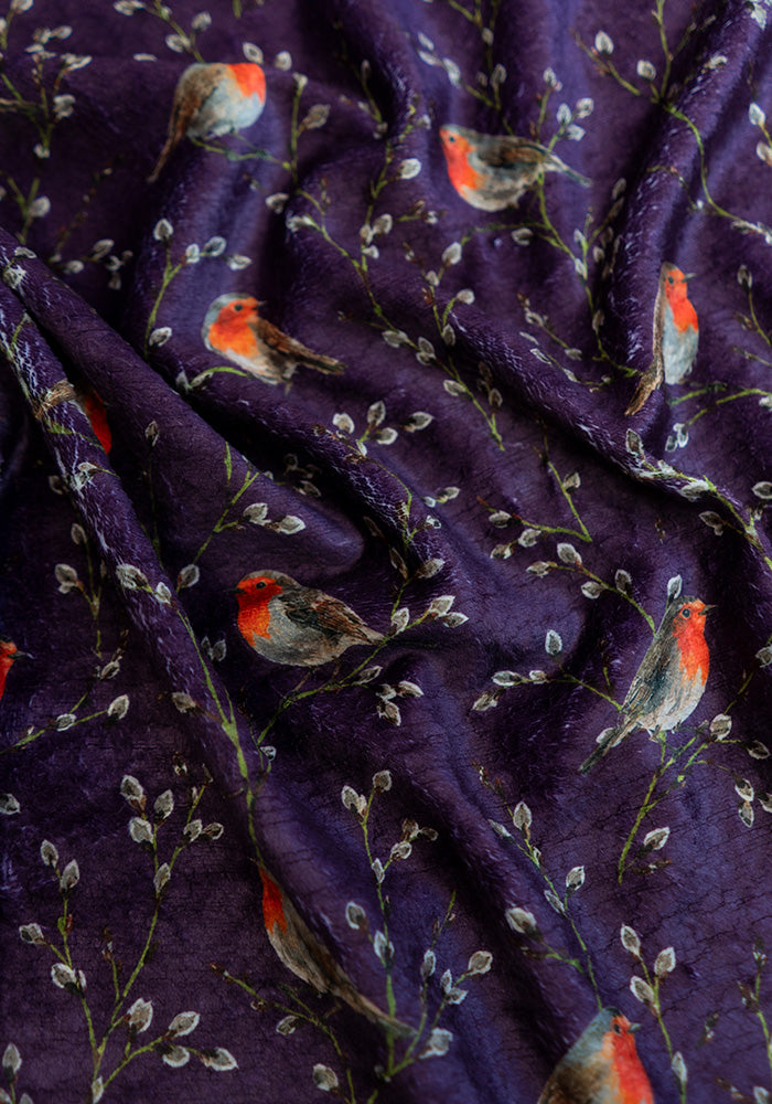 Extra Long Purple Robins Print Plush Throw Blanket (Pop-Under)
