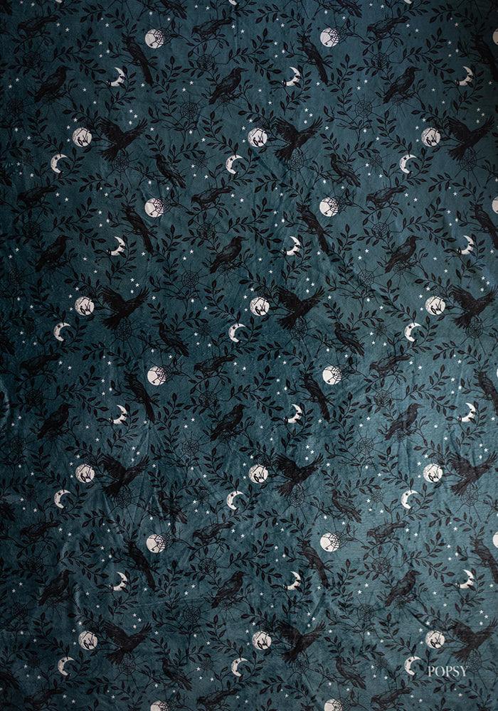 Extra Long Teal Raven Print Plush Throw Blanket (Pop-Under)