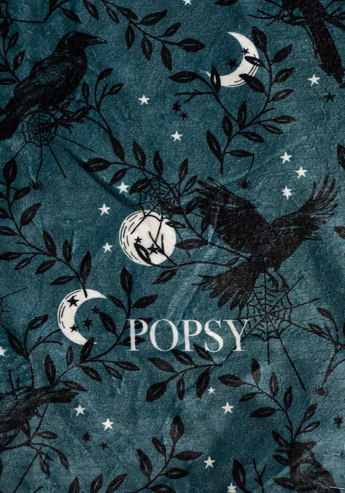 Extra Long Teal Raven Print Plush Throw Blanket (Pop-Under)