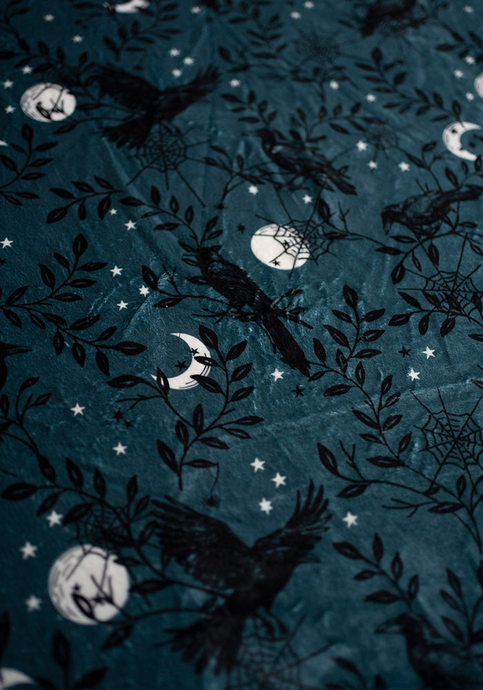 Extra Long Teal Raven Print Plush Throw Blanket (Pop-Under)