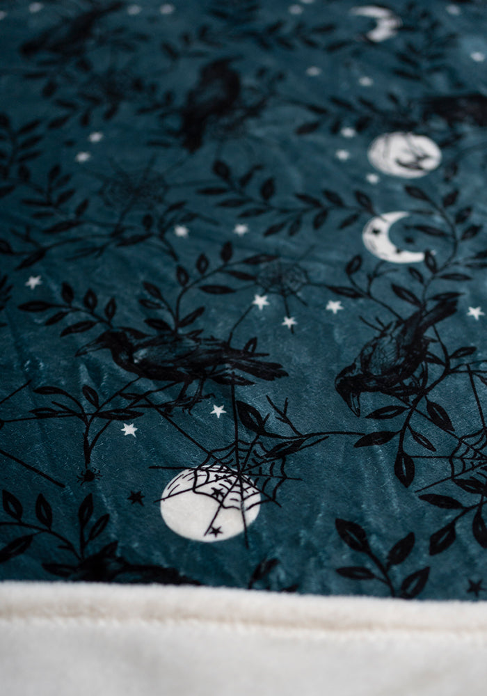 Extra Long Teal Raven Print Plush Throw Blanket (Pop-Under)
