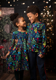 Children's Christmas Tree Print Dress (Spruce)