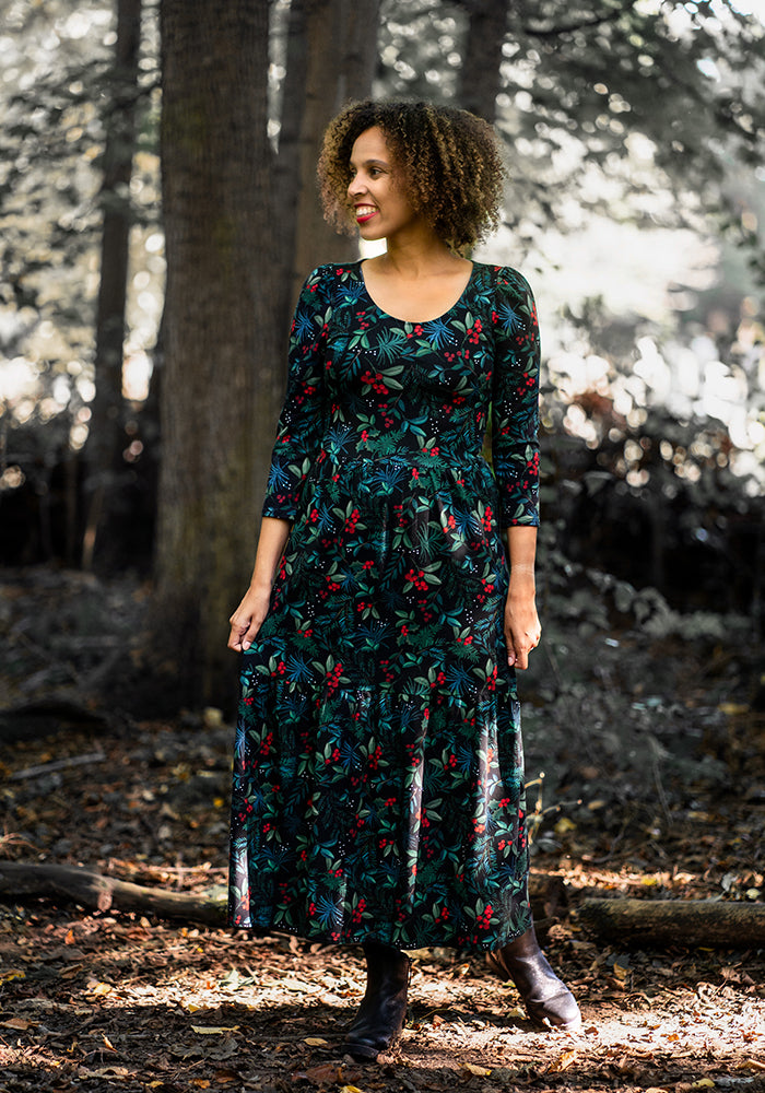 Festive Holly & Berry Print Cotton Midaxi Dress