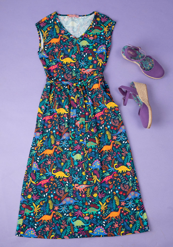 Bambiraptor Dinosaur Print Cotton Midi Dress