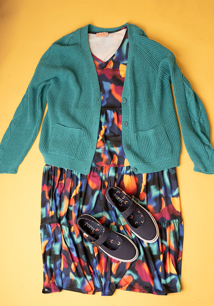 Inca Ink Swirl Print Tiered Hem Relaxed Fit Midi Dress