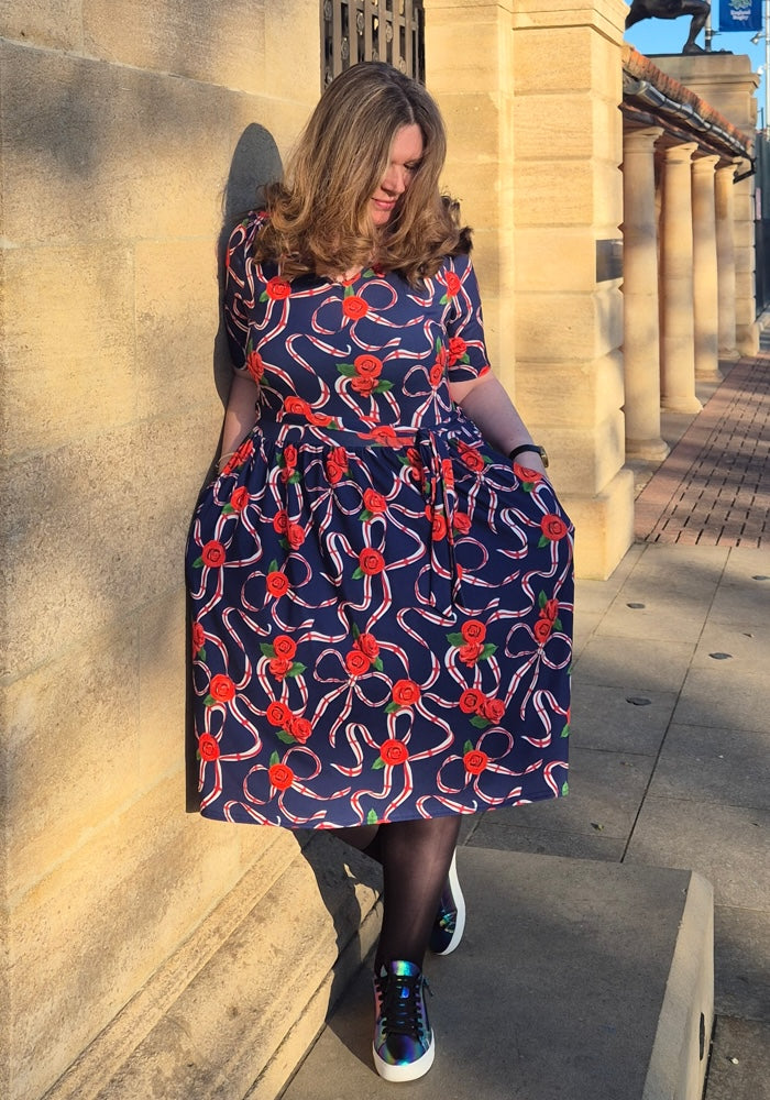 Front view of Navy England Print Gathered Waist Jersey Dress