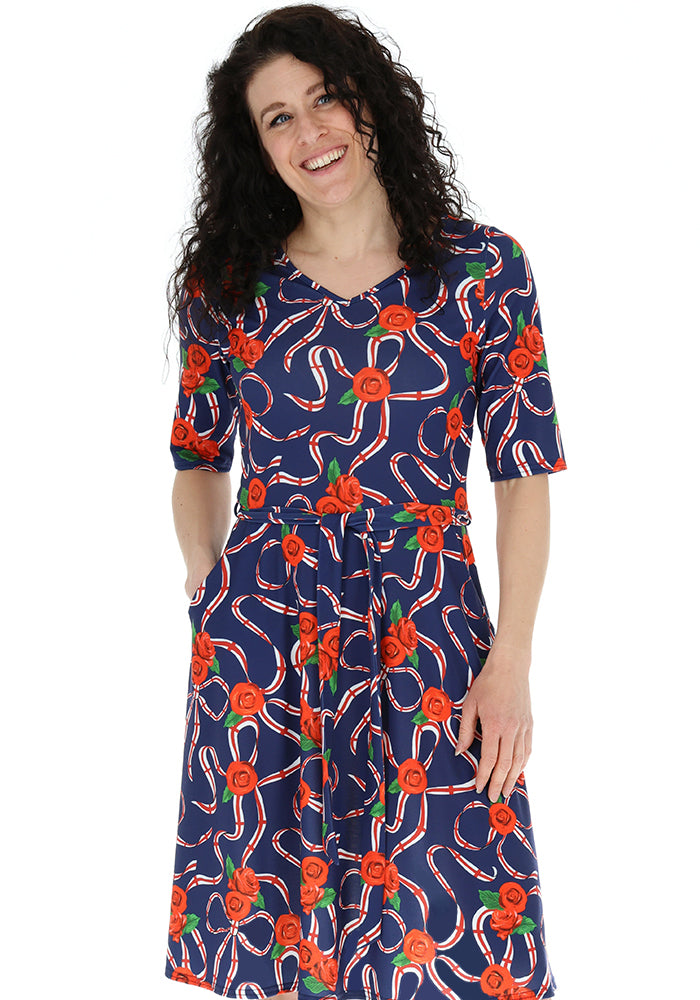 Third angle of Navy England Print Flat Waist Jersey Dress, a classic navy dress with an England inspired print.