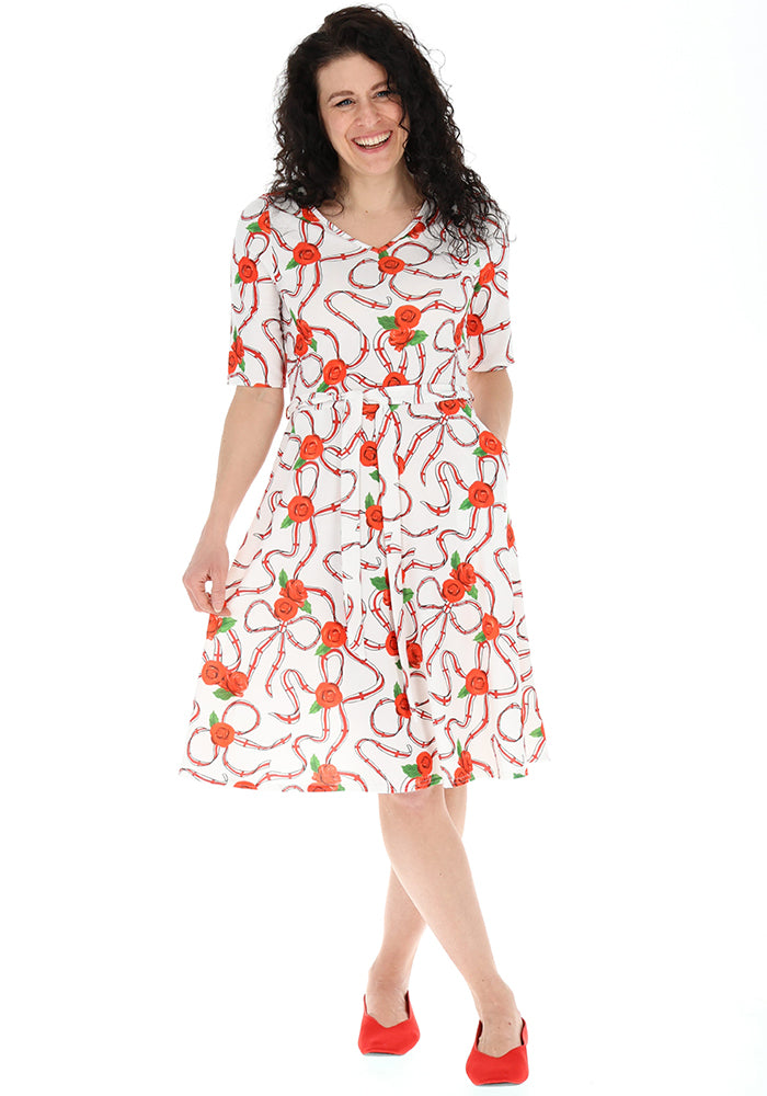 Front view of White England Print Flat Waist Jersey Dress, a white dress with English nation inspired print.
