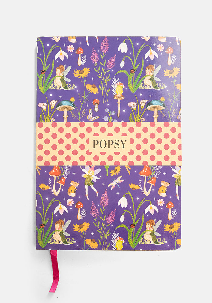 Front view of Cute Fairy Garden Print Notebook - Colourful Quirky Journal Gift