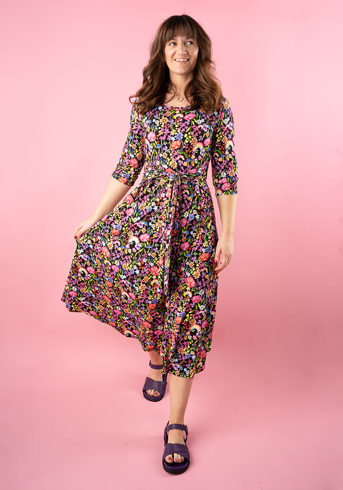 Third angle of Faith Garden Rainbow Print Viscose Midi Dress