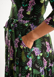 Farley Purple Floral & Fern Leaf Tiered Hem Cotton Midi Dress